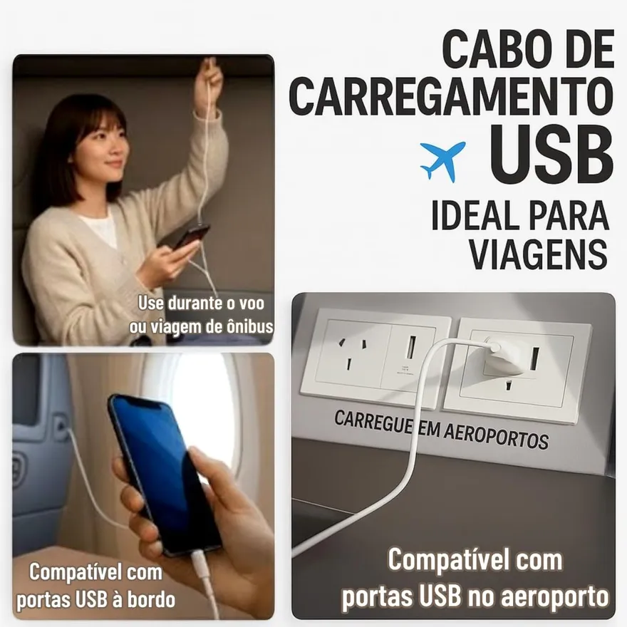 Use no voo, em portas USB a bordo e em aeroportos